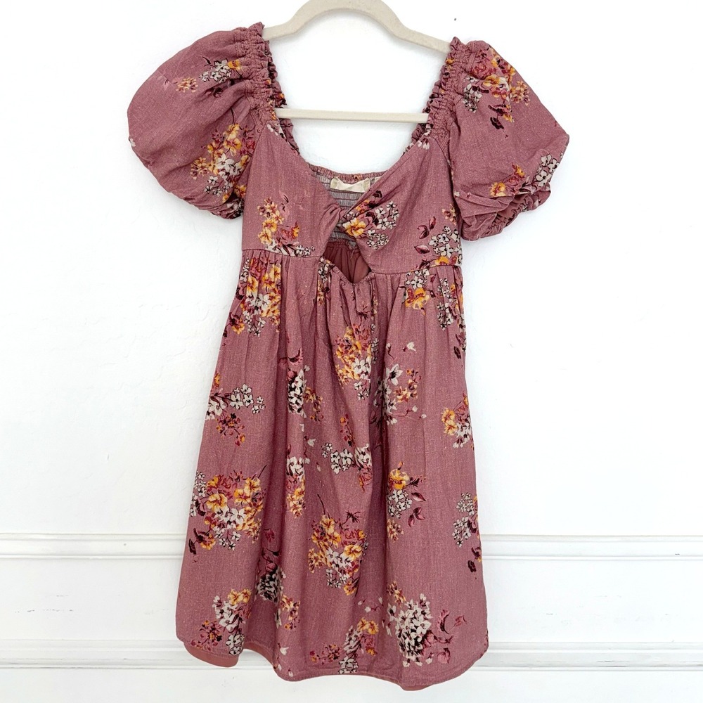Altar'd State Floral Puff Sleeve Dress Dusty Rose Linen Blend XS Cottagecore